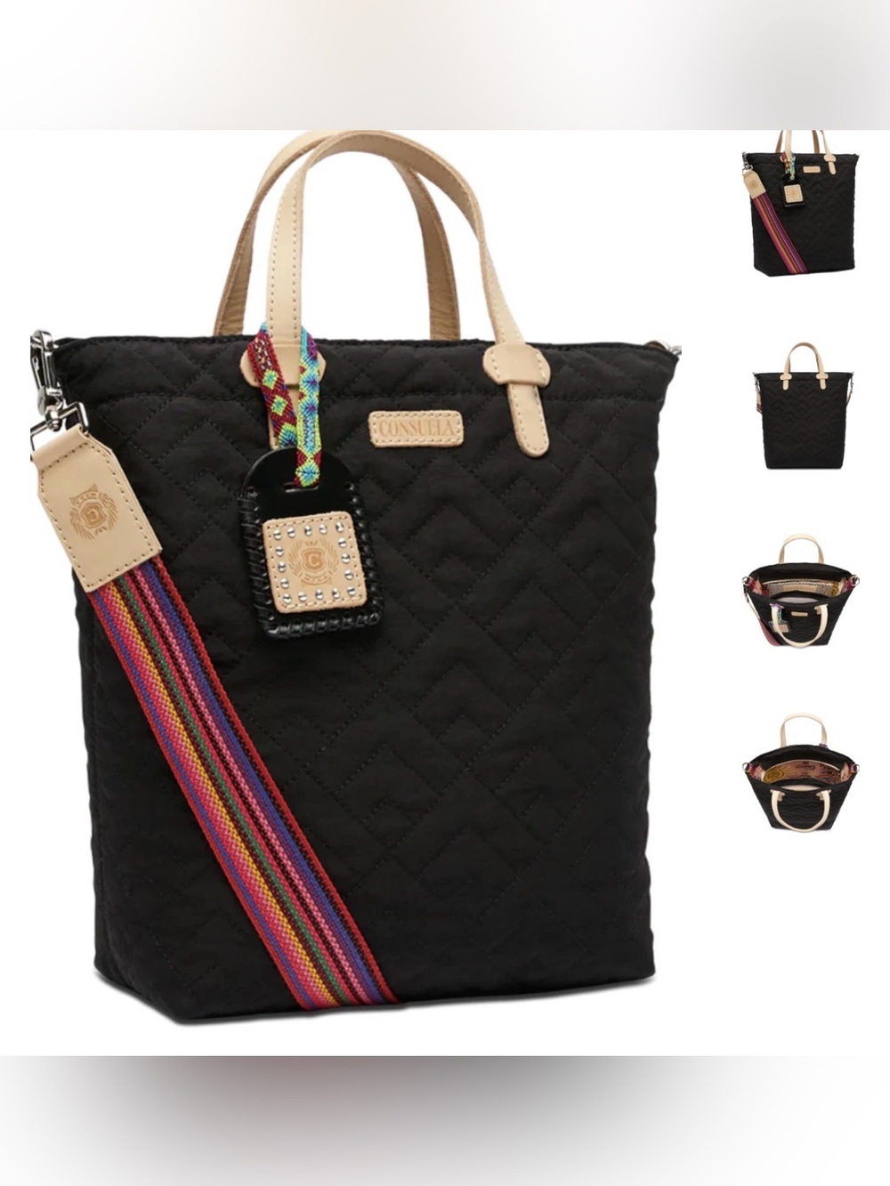 Consuela Meg Black essential Tote with Multicolor Stripe Strap